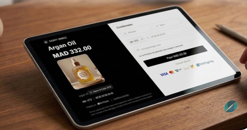 Page de paiement mobile sécurisée ouverte depuis WhatsApp au Maroc