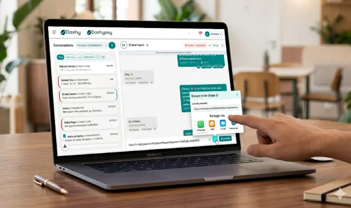 Parcours paiement WhatsApp Maroc : conversation, lien DashyPay et page de paiement sécurisée